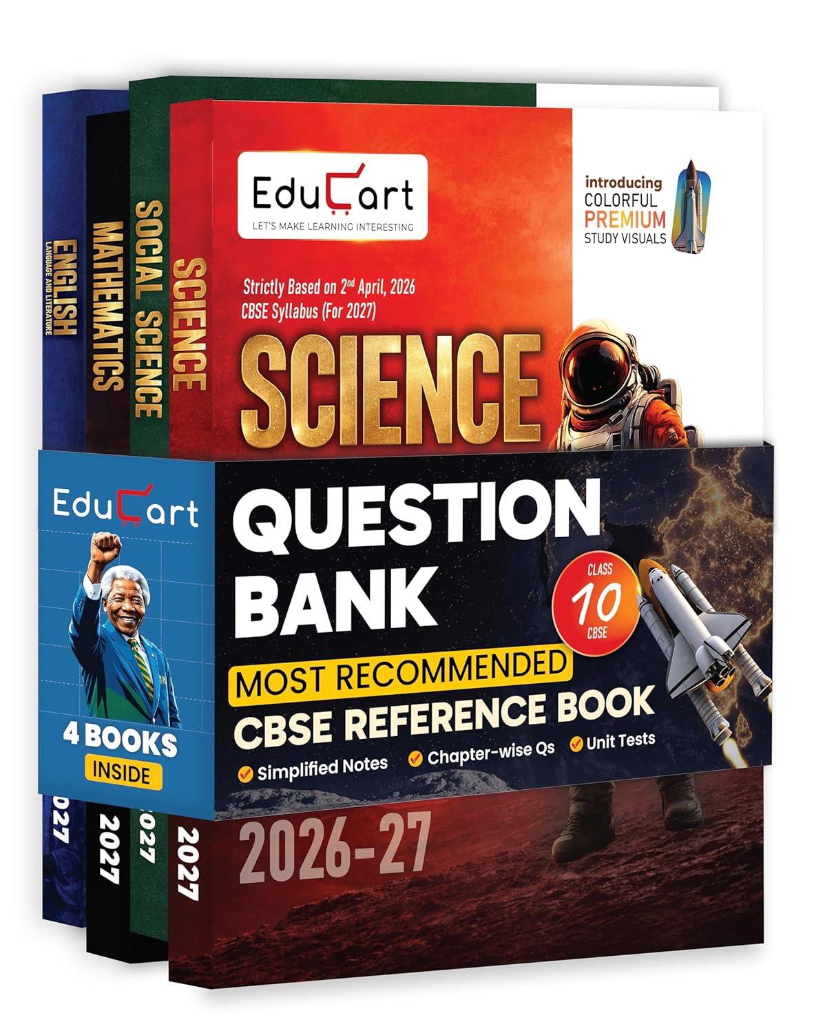 Educart CBSE Class 10 Question Bank 2026-27 (4 Books) - Science, Mathematics, Social Science & English | Introducing Premium Colored Visuals and Pull-out Worksheets for 2027 Boards