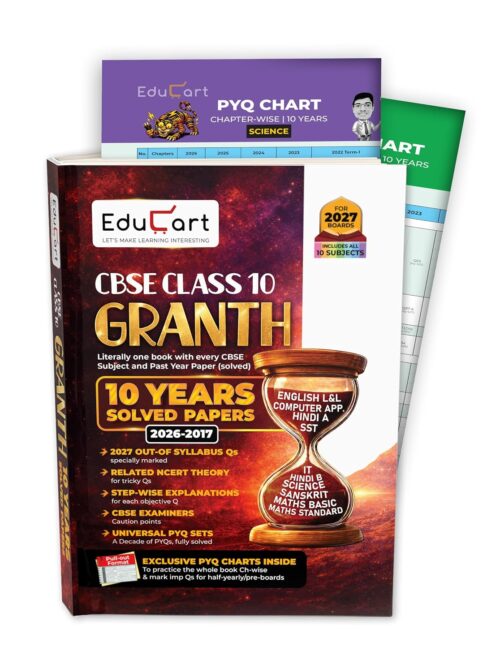 (10 subjects in 1) Educart Granth CBSE Class 10 Previous 10 Year Solved Papers 2027 - with PYQ Charts (Hindi A, Hindi B, English, Computer Apps, IT, ... Maths Basic, Social Science & Science)